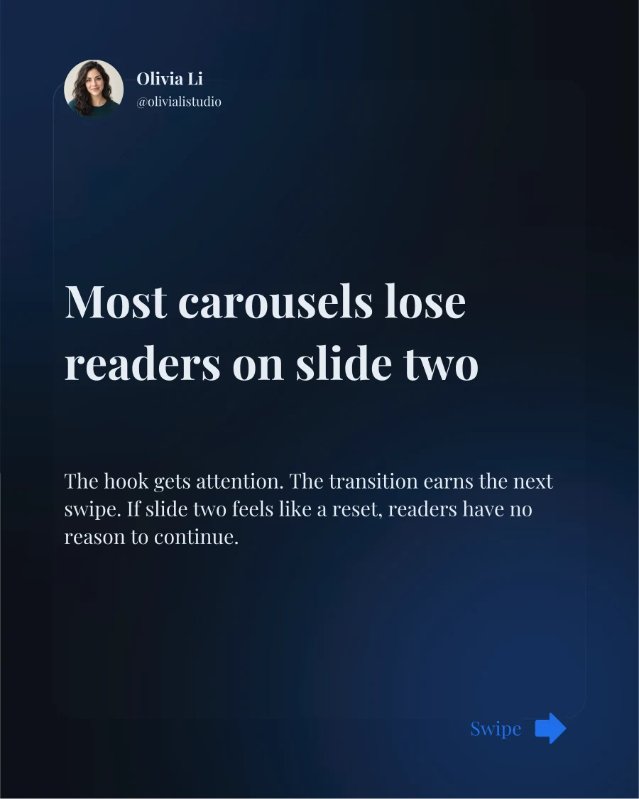 A dark carousel cover titled Most carousels lose readers on slide two