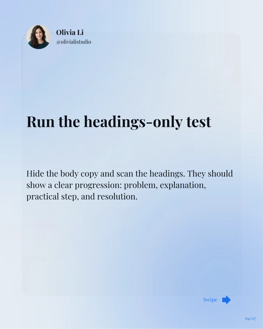 A light carousel page titled Run the headings-only test